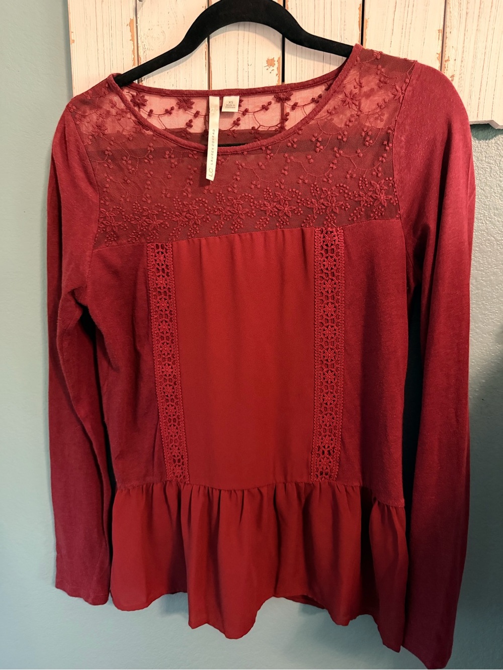 LC Lauren Conrad Burgundy Long Sleeve Lace Yoke Peplum Top